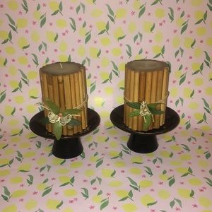 Set of two bamboo candles with candle pedestals